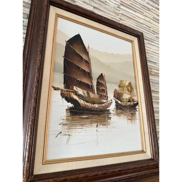 Vintage P. Wong Chinese Junk Boats Oil Painting On Canvas Authentic 17